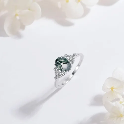 Vista 4 de MUUYON Anillo de compromiso de ágata musgo natural para mujer, oro real sólido de 14 quilates, ágata musgo, anillo de compromiso de novia con ágata