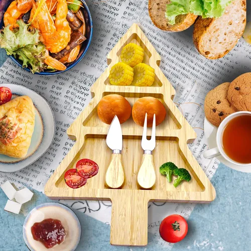 Vista 2 de Tabla de Servir de Bambú, Platos Reutilizables de Bambú para Múltiples Espacios, Juego de Tabla para Charcutería de Forma Novedosa con Cuchillo