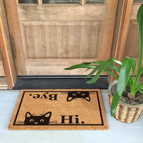 Vista 4 de Tapete divertido de fibra de coco con texto en inglés «Hi Bye», bonito tapete con temática de gato, decoración de porche delantero, tapete fino