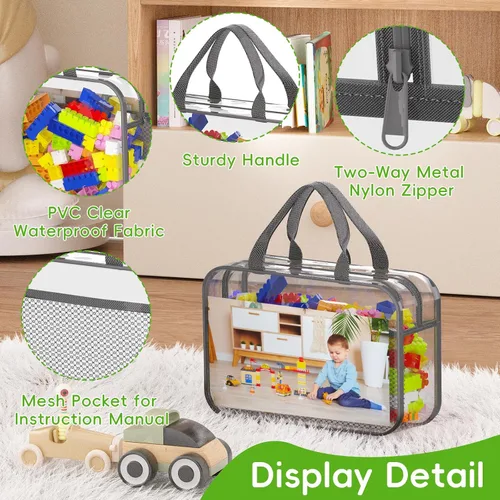 Vista 3 de Juego de 4 bolsas de almacenamiento de juguetes con cremallera para niños y niñas, bolsas organizadoras grandes de PVC con bolsillos laterales