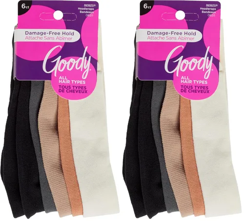 Vista 6 de Goody Envolturas básicas para la cabeza, 6 unidades, tonos neutros, sujeción suave sin daños, bandas elásticas para la cabeza para mujeres