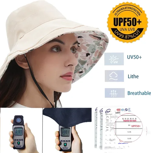 Vista 4 de vidsel Sombreros de sol para mujer, de ala ancha, reversible, de algodón, plegable, de verano, con clip para sombrero, protección UV Beige