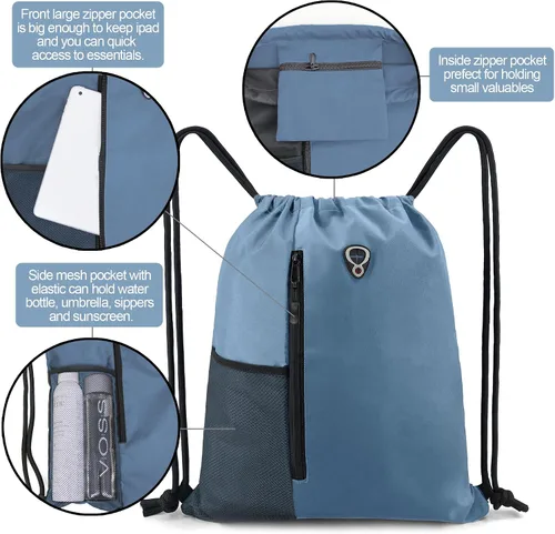 Vista 5 de Mochila con cordón, con estilo deportivo, bolsa de gimnasio para mujeres, hombres y niños, bolsa de gran tamaño con zíper y bolsillos de malla