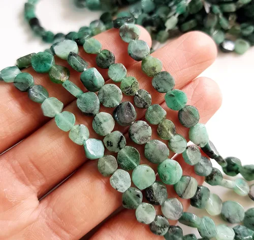 Vista 3 de Cuentas de esmeralda de piedras preciosas naturales, cuentas sueltas de esmeralda genuina para hacer joyas, cuentas perforadas en forma de moneda