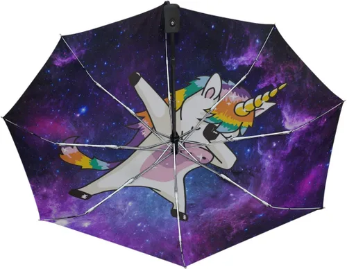 Vista 2 de Wamika Divertido paraguas de unicornio con diseño de galaxia y nebulosa, cierre automático, diseño de estrellas arcoíris, compacto, resistente al