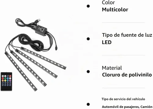 Vista 8 de Tira de luces LED para automóvil, 4 unidades de 48 luces LED USB para interiores, tira de luces multicolor de música para automóvil, kit