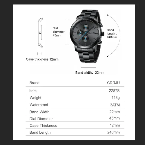 Vista 9 de CRRJU Relojes para hombres de lujo de acero inoxidable impermeable calendario cronógrafo analógico cuarzo relojes de pulsera