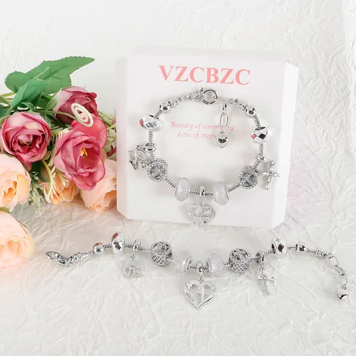 Vista 6 de Pulsera de dije para mujer, con cuentas de cristal y forma de corazón, plata de circonita cúbica, cadena de serpiente, pulsera de moda, joyería