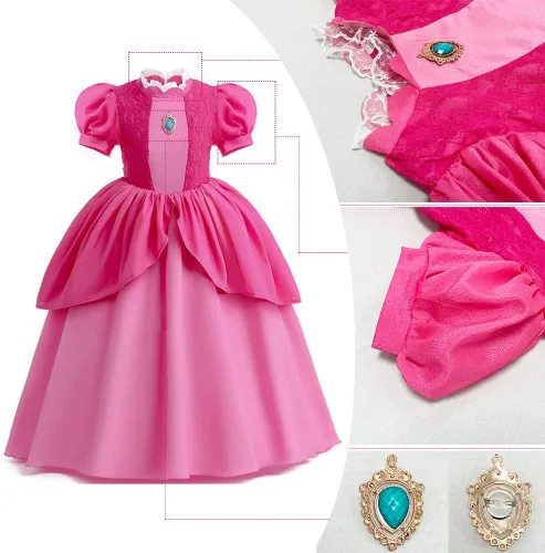 Vista 4 de Disfraz de princesa melocotón para niñas, cosplay, fiesta de Halloween, vestido de princesa melocotón con corona
