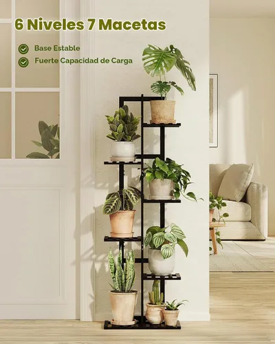 Vista 4 de Bamworld Soporte de bambú para plantas de interior con 6 niveles, estante de plantas de exterior, soporte de esquina para múltiples plantas, soporte