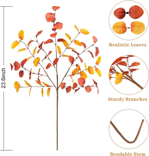 Vista 3 de Beferr Decoración de tallos de eucalipto de otoño, 5 piezas de ramas de eucalipto artificiales de 23 pulgadas, hojas de otoño, arreglos florales