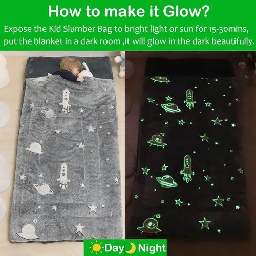 Vista 3 de Saco de dormir para niños y niñas que brilla en la oscuridad, saco de dormir luminoso y suave, tapete para siesta preescolar, guardería, jardín