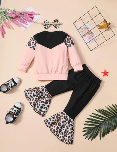 Vista 5 de Queenstyle Sudadera de bloque de color para niña pequeña + pantalones de campana + diadema para otoño e invierno