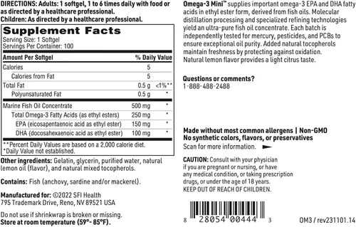 Vista 5 de Klaire Labs SFI Health Omega-3 Mini - Geles de aceite de pescado ultra puro y fácil de tragar para niños y adultos, 150 miligramos EPA / 100