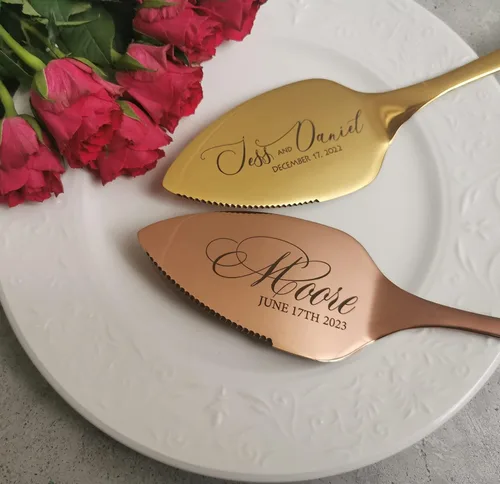 Vista 7 de Personalized Wedding Cake Serving Set, Custom Pie Cutting Tools Gift, Engraved Stainless Steel Knife Server Forks Kit, Anniversary, Birthday, Bridal