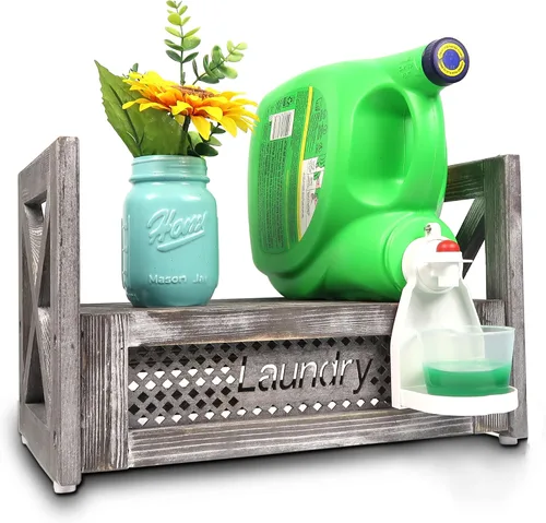 Vista 2 de Soporte de madera para detergente para ropa – Estante rústico de lavandería para dos botellas de detergente, almacenamiento y decoración