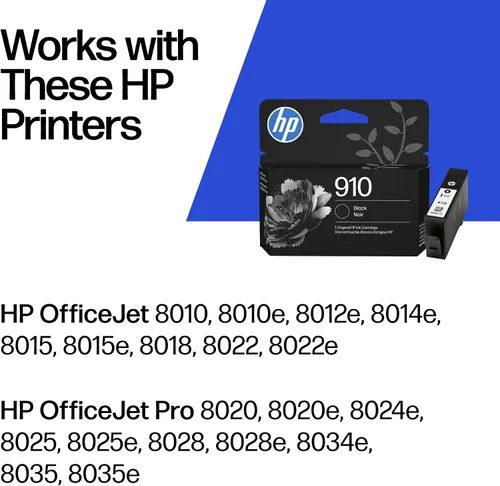 Vista 2 de HP Cartucho de tinta negra 910 Funciona con OfficeJet 8010, 8020 Series, OfficeJet Pro 8020, 8030 Series Elegible para tinta instantánea Negro