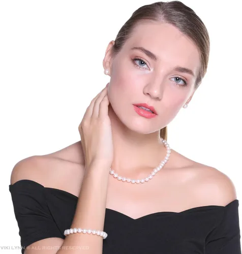 Vista 2 de VIKI LYNN Juego de Collar de Perlas Cultivadas de Agua Dulce Incluye Impresionante Pulsera y Aretes de Botón Joyería para Mujer Regalo para el Día