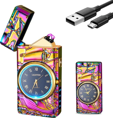 Vista 8 de GADATOP Encendedor eléctrico recargable a prueba de viento, encendedor de plasma con alivio de delfines 3D, reloj integrado con luz LED para uso