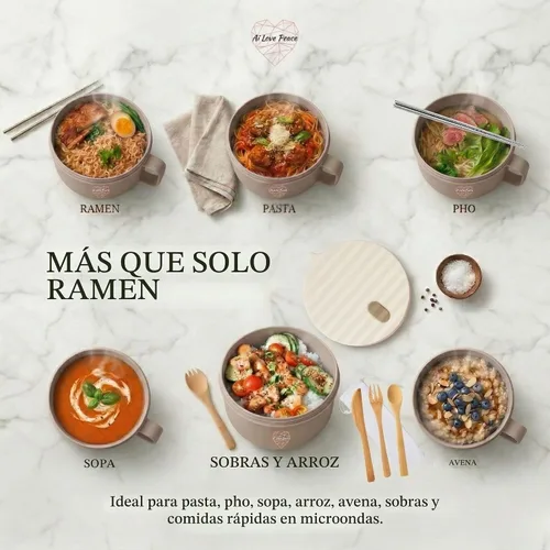 Vista 6 de Tazón de ramen para microondas de 40 onzas, olla de ramen con tapa, regalo de dormitorio universitario, color beige BPA Free
