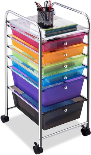 Vista 8 de Happygrill Carrito organizador de 6 cajones, carrito de almacenamiento móvil con cajones extraíbles y ruedas con cerradura, carrito de Negro