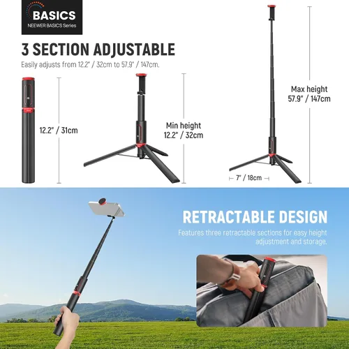 Vista 2 de NEEWER Basics PA991 Trípode selfie stick compatible con iPhone Samsung Android, trípode portátil de metal de 147 cm, ligero para viajes, soporte