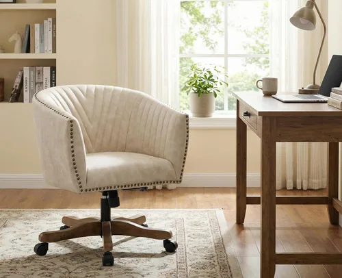 Vista 4 de Silla de escritorio de piel sintética beige, silla de escritorio tapizada giratoria con brazo ajustable con cabezas de clavos, cómoda silla