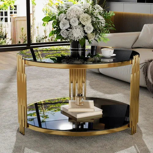 Vista 13 de Mesa de café moderna con vidrio templado, mesa de cóctel de madera con superficie UV de alto brillo, mesa central modernista de 2 niveles y Negro