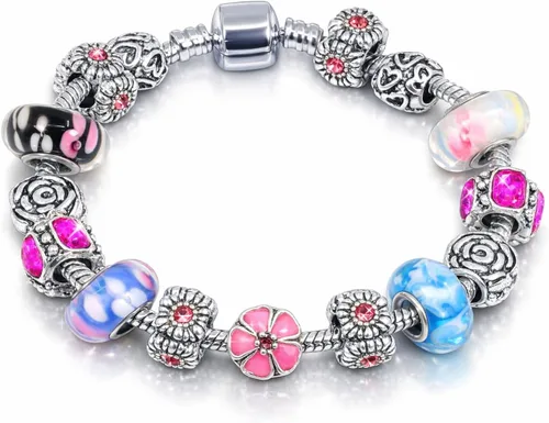 Vista 4 de Savlano Silver Tone Charm Bracelet with Crystal and Murano Glass Beads Snake Chain for Women Comes in a Gift Box