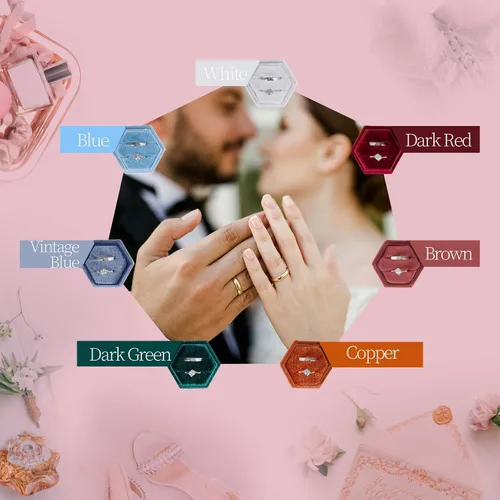 Vista 7 de Smileshe Caja para anillos, cajas de joyería de terciopelo para propuesta, compromiso, ceremonia de boda, caja hexagonal con ranura de doble anillo