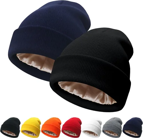 Vista 27 de NPQQUAN 2 PCS Satin Lined Beanie for Women Silk Lined Beanies Winter Warm Soft Lining Cuffed Knit Beanie Hats for Women