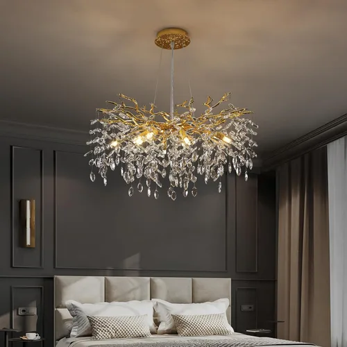 Vista 12 de Candelabro de Cristal Rama de Árbol Dorado Gota de Lluvia Redonda Lámpara Colgante con Borla Luminaria de Techo Colgante para Dormitorio Sala
