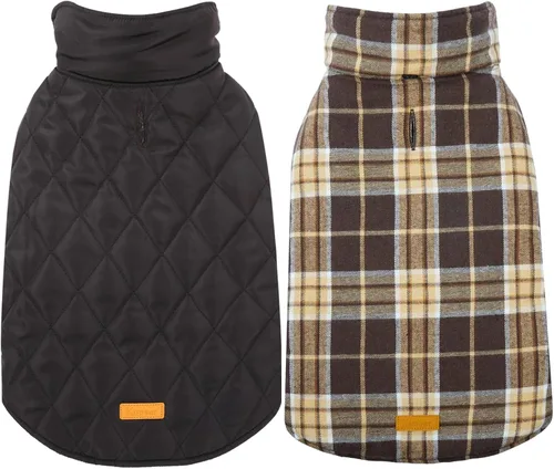 Vista 8 de Kuoser - Abrigo impermeable de invierno para perro, chaqueta reversible estilo británico, ropa para perro a cuadros, abrigo de nieve acogedor