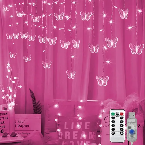 Vista 7 de Luces de Hadas de Cortina de Mariposa con Enchufe USB, 8 Modos 96 LED 11.5 Pies Luces de Cadena Centelleantes de Luciérnaga para Ventana con Púrpura