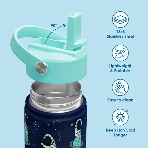 Vista 2 de Botella de agua para niños de 12 onzas con tapa con popote, paquete de 2 botellas de agua aisladas de acero inoxidable para niños y niños, taza