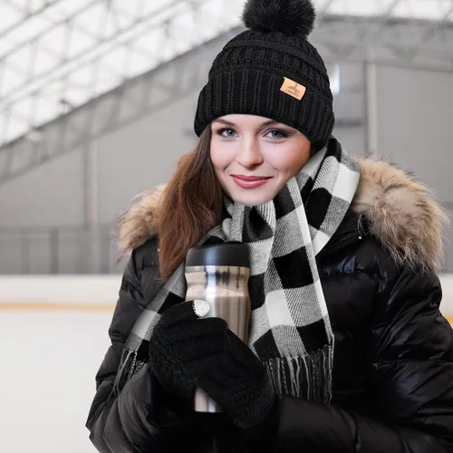 Vista 7 de Winter Hat Scarf Gloves and Ear Warmer, Knit Warm Beanie Hat Touch Screen Gloves Long Knitted Plaid Scarf Set Gifts for Women