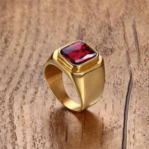 Vista 4 de PMTIER - Anillo de acero inoxidable chapado en oro con piedra cuadrada disponible en varios