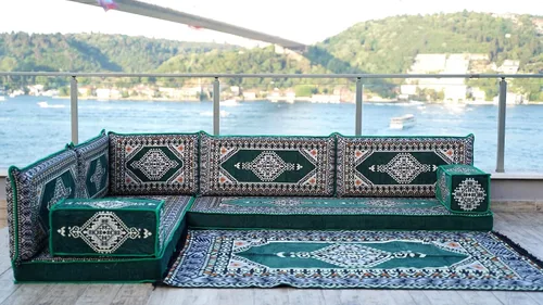 Vista 2 de arabicsofa Verde Juego de Asientos de Suelo Orientales Hechos a Mano – Sofá de Suelo Tradicional con Respaldo