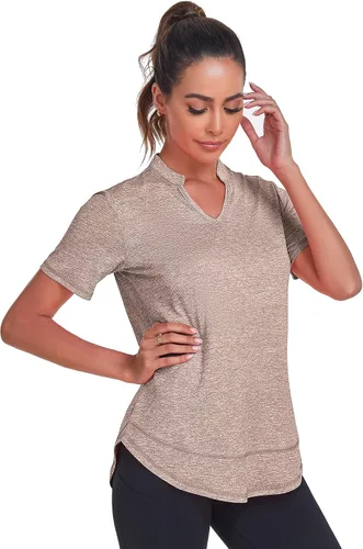 Vista 4 de Absttith Camisetas de entrenamiento de manga corta para mujer, para yoga, senderismo, secado rápido, cuello en V, camiseta deportiva con abertura