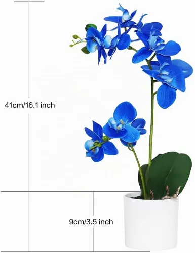 Vista 2 de Flores artificiales de orquídea azul en maceta, flores falsas de orquídea en maceta, decoración para el hogar, oficina, boda