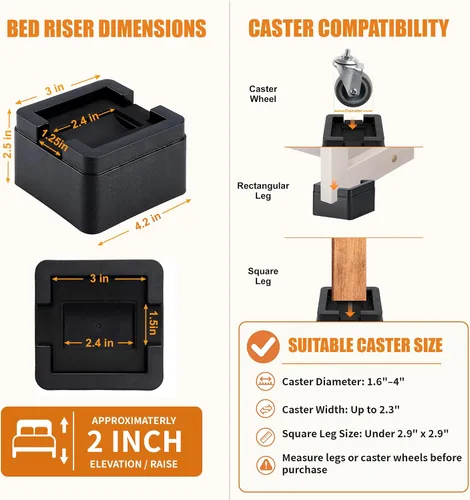 Vista 3 de BTSD-home Elevadores de cama resistentes de 2 pulgadas, elevadores de cama ajustables de 4 pulgadas que se adaptan a todas las ruedas de muebles