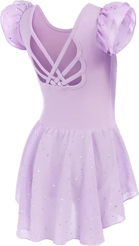 Vista 2 de Arshiner Leotardo de ballet brillante con mangas con volantes y falda con espalda cruzada para niñas