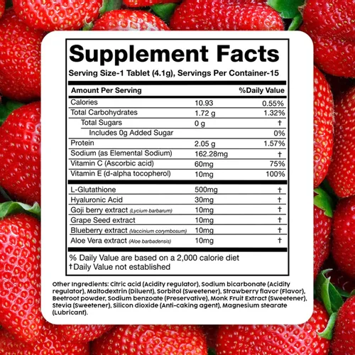 Vista 11 de PLIX Glowy Skin Suplemento de glutatión de 500 mg con ácido hialurónico, vitamina C, E y bayas 15 tabletas efervescentes, sabor fresa