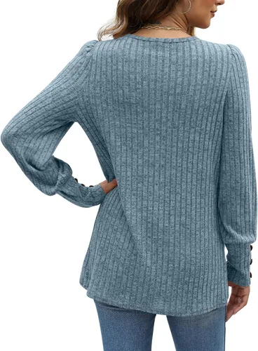 Vista 4 de WEESO Suéter tipo túnica ligera con mangas de farol hinchadas para mujer, estilo casual, dobladillo de tulipán
