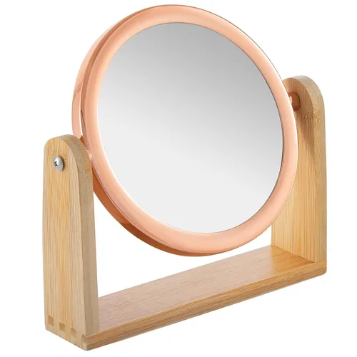 Vista 10 de YEAKE Espejo de maquillaje de doble cara con aumento 3X con soporte de bambú, pequeño espejo de mesa de escritorio con rotación de 360°, espejo