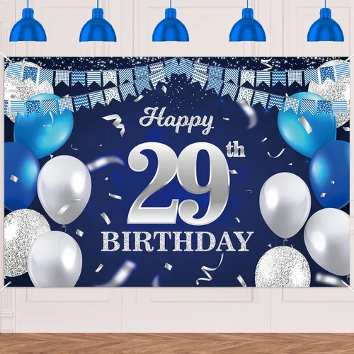 Vista 66 de Bandera de feliz primer cumpleaños con fondo azul marino, globos, confeti, bandera de rayas, luces de puntos, felicitaciones por el tema de 1 año
