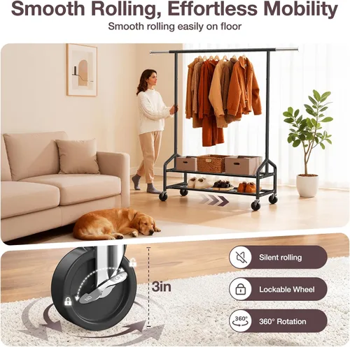 Vista 5 de Perchero de ropa resistente, 650 libras de carga para colgar ropa con 2 estantes resistentes, perchero de metal con ruedas para dormitorio