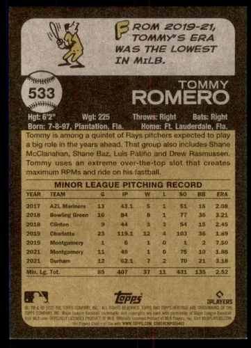 Vista 2 de 2022 Topps Heritage High Number #533 Tommy Romero RC Rookie Card Tampa Bay Rays Official MLB Baseball Card in Raw (NM or Better) Condition