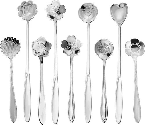 Vista 7 de Juego de 9 cucharas de café con diseño de flores, cucharas de té de acero inoxidable para decoraciones de fiesta de té (dorado)