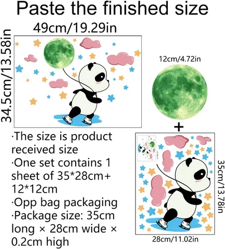 Vista 6 de Calcomanías de pared de panda que brillan en la oscuridad, 38 piezas de calcomanías fluorescentes de animales, estrellas, luna, nubes, niñas, bebés